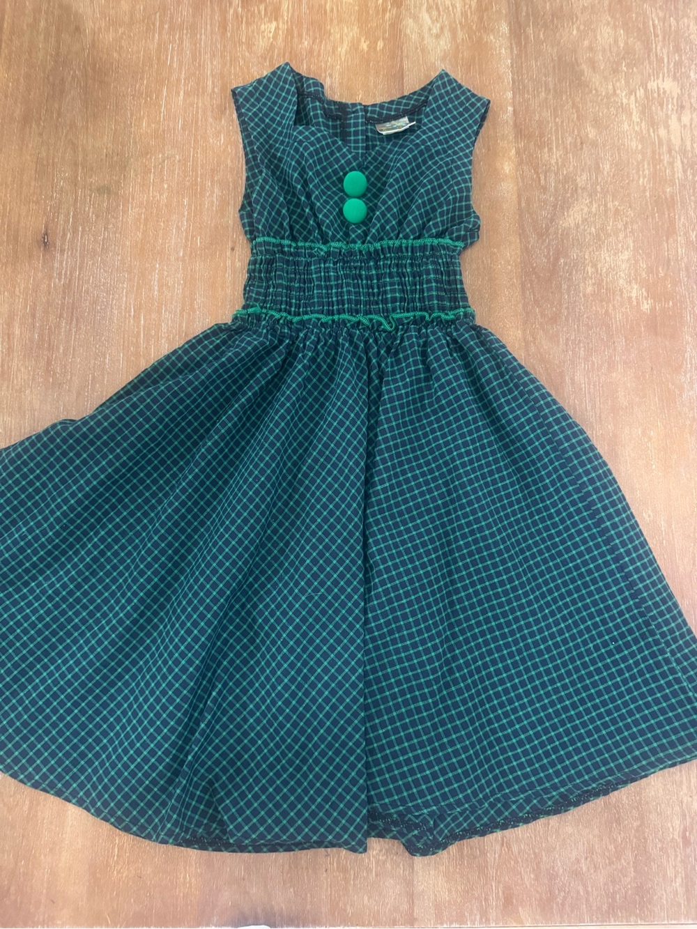 Girls Green Windowpane Cotton Dress with Shirred Waist Vintage